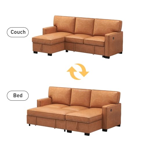 Convertible Sleeper Sofa 3 in 1, Chenille Modern L-Shaped Couches for Living Room, Pull Out Sectional Futon Sofa Bed with Storage Space, USB Ports and Cup Holders for Bedroom, Grey