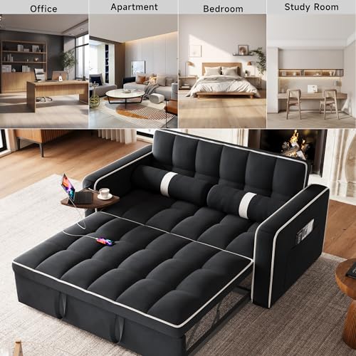 3 in 1 Sleeper Sofa Bed - Convertible Love Seat Couch with Side Table, Tufted Futon Sofa w/Pullout Bed, Adjustable Backrest, Cylinder Pillows, Small Sofa for Living Room, Apartment (Orange)
