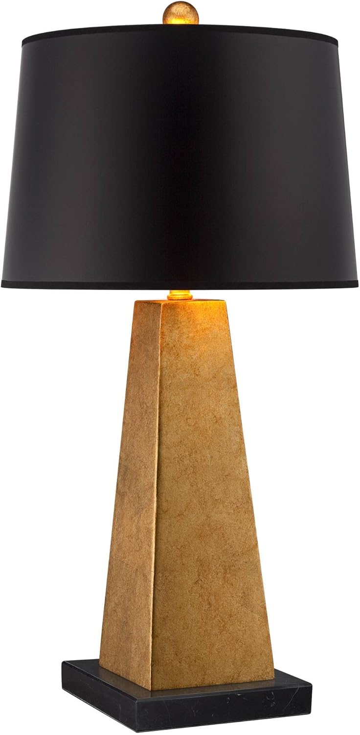 Possini Euro Design Obelisk Modern Table Lamp 26" High with Square Black Marble Riser Gold Leaf Tapered Paper Drum Shade for Bedroom Living Room Nightstand Bedside Night Stand Office Kids Room