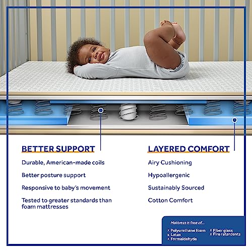 Sealy Flex Cool Breathable Hypoallergenic 2-Stage Dual Firm Waterproof Baby Crib Mattress & Toddler Bed Mattress, Cotton Cover, 204 Premium Coils, Air Quality Certified, Made in USA, 52"x28"