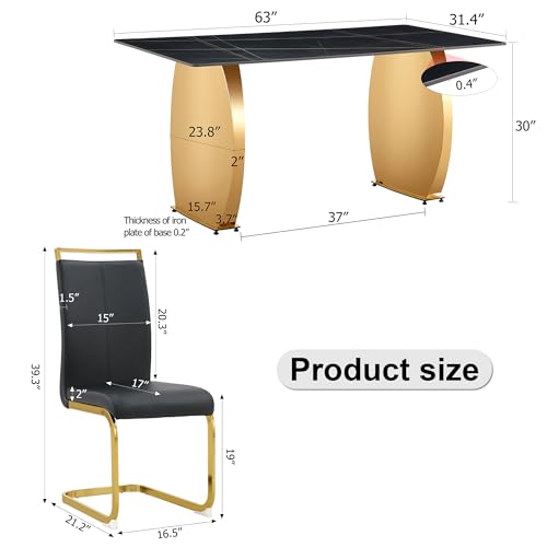 63" Luxury Black Sintered Stone Dining Table Room Sets for 6,Modern Dining Table sets for 6,Black Dining Table with Stainless Steel Golden Legs with 6 PU leather Dining Chairs for Kitchen