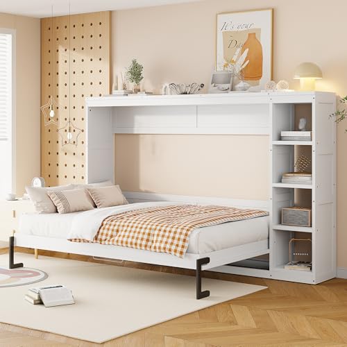 Wooden Murphy Cabinet Bed Frame with Charging Station, Full-Size Foldable Wall Bed with Large Storage Drawer for Home Apartment Limited Living Places, Space-Saving Hidden Bed No Box Spring Needed