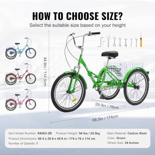 VEVOR Folding Adult Tricycle, 24-Inch Adult Folding Trikes, Carbon Steel 3 Wheel Cruiser Bike with Large Basket & Adjustable Seat, Shopping Picnic Foldable Tricycles for Women, Men, Seniors (Green)