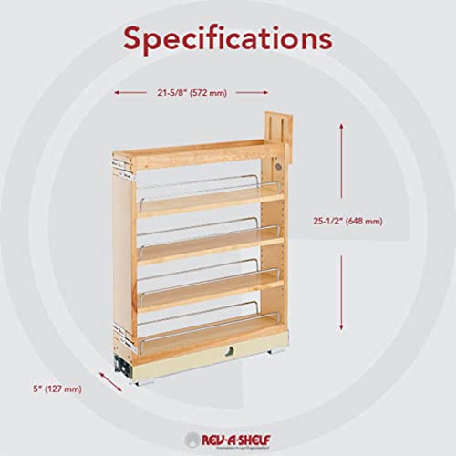 Rev-A-Shelf 8" Pull Out Shelf Organizer for Kitchen and Bathroom Base Cabinets, Wooden Slide Out Spice/Medicine Rack w/Soft-Close, 448-BCBBSC-8C