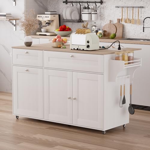 Kitchen Island on Wheels with Storage, Rolling Kitchen Islands with Drop Leaf&Power Outlet, Mobile Kitchen Island Cart with Trash Can Storage, Spice Rack, Towel Rack, Storages Cabinet ,Drawers