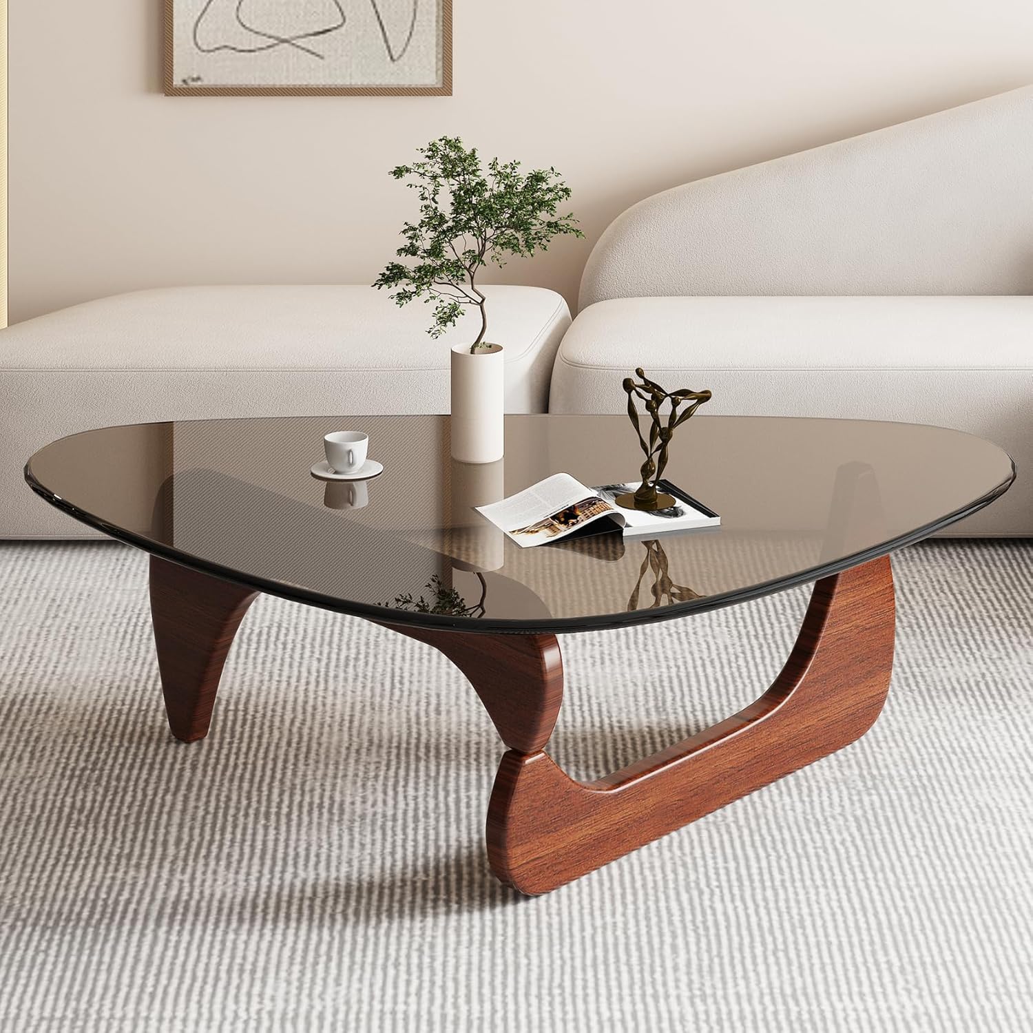 Triangle Glass Coffee Table-Mid-Century Modern End Table Solid Wood Base and Vintage Tempered Transparent Glass Top Coffee Tables Living Room Balcony (32.3 * 24 * 16in, Walnut Teal)