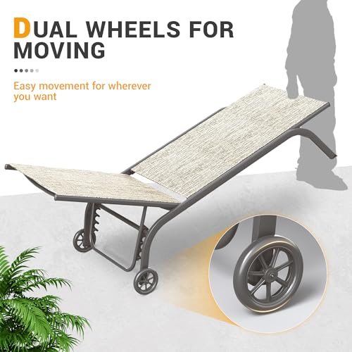 UDPATIO Chaise Lounge Outdoor Set of 3, Aluminum Lounge Chair with Removable Cushion Padding, 5 Adjustable Position Pool Lounger with Wheels and Side Table for Garden Poolside Patio (Beige)