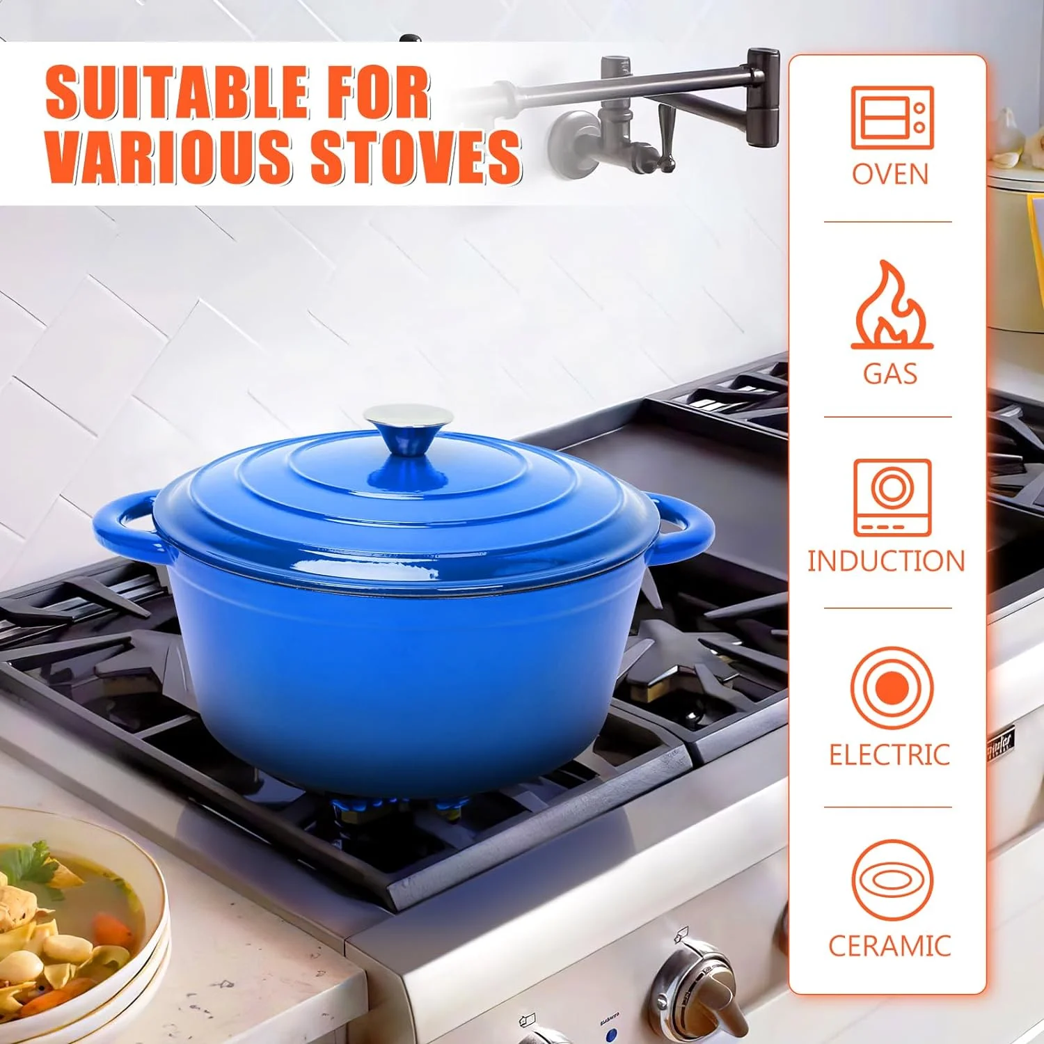 Grisun 6 Quart Enameled Cast Iron Dutch Oven with Lid, Round Dutch Oven Pot Cookware with Dual Handles for Home, Kitchen, Oven Safe, Use to Marinate, Cook, Bake, Refrigerate and Serve - Blue