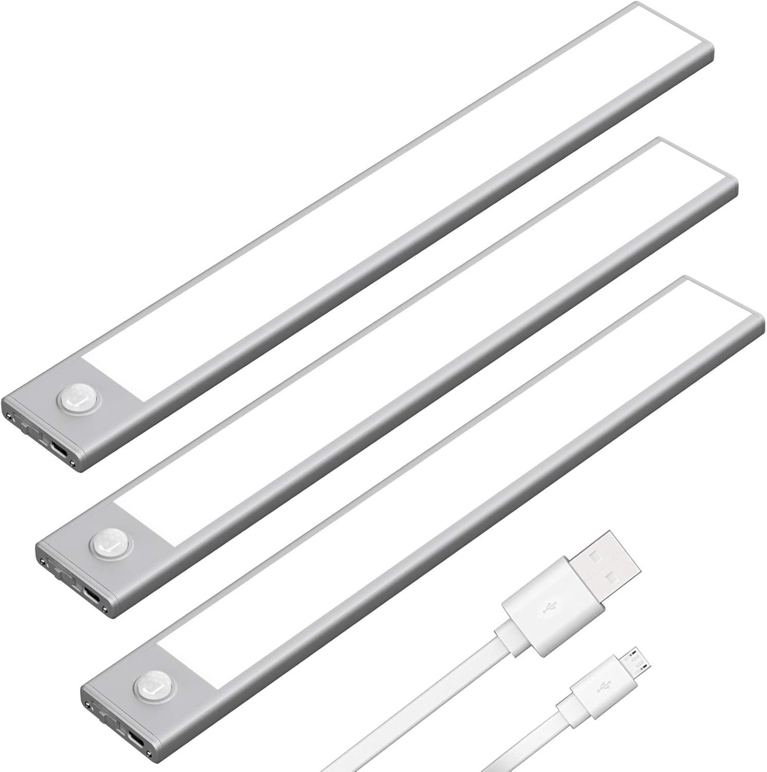 Tipace 3 Pack LED Under Cabinet Lighting，Closet Lights Wireless Motion Sensor Light Rechargeable Cabinet Lights for Wardrobe,Closets,Cupboard,3000K (Silver 3 Pack）