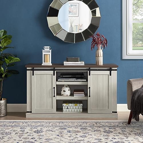 Farmhouse TV Stand with Sliding Barn Doors, Wood Entertainment Center with Media Console Storage Cabinet & Open Storage Space, for TV Up to 60", Television Stand for Living Room, Light Gray