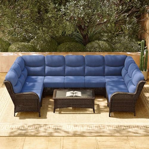 Luxury Patio Furniture Set with 6-inch Thick Cushion, Outdoor Couch and High Back Swivel Rocker Patio Chairs, 7PCS Wicker Conversation Set for Deck, Yard, and Poolside in Blue (V2)
