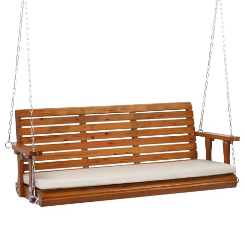 VINGLI Heavy Duty 880 LBS Patio Wooden Porch Swing Outdoor with Extra Cushion, Farmhouse Hanging Bench Tree Swing with Adjustable Chains for Yard | Garden | Lawn | Balcony (5 FT, Rustic)