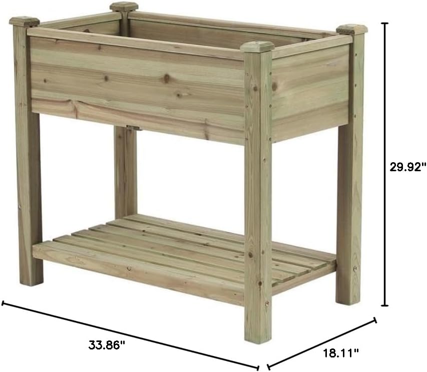 LuxenHome 29.9" H Natural Wood Rectangular Raised Garden Planter with Shelf