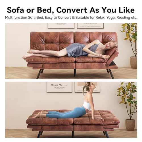 Futon Sofa Bed, Faux Leather Futons, Memory Foam Futon Couch, Convertible Sleeper Sofa, Modern Loveseat Couch Bed for Living Room, Apartment, Office, Dormitory, Brown, Updated Quality