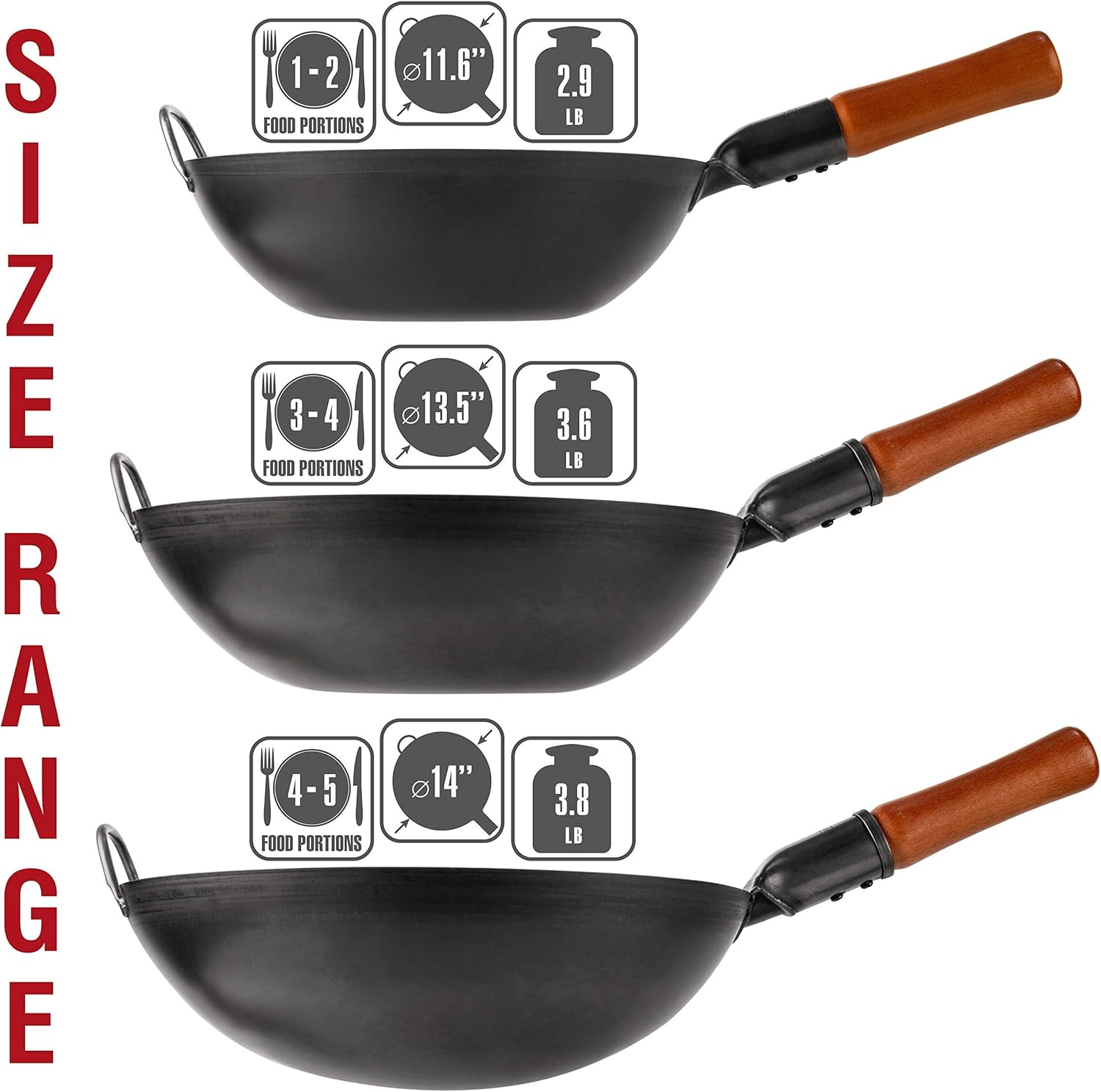 YOSUKATA Carbon Steel Wok Pan - 14 �� Woks and Stir Fry Pans - Chinese Wok with Round Bottom Wok - Traditional Chinese Japanese Woks - Black Steel Wok