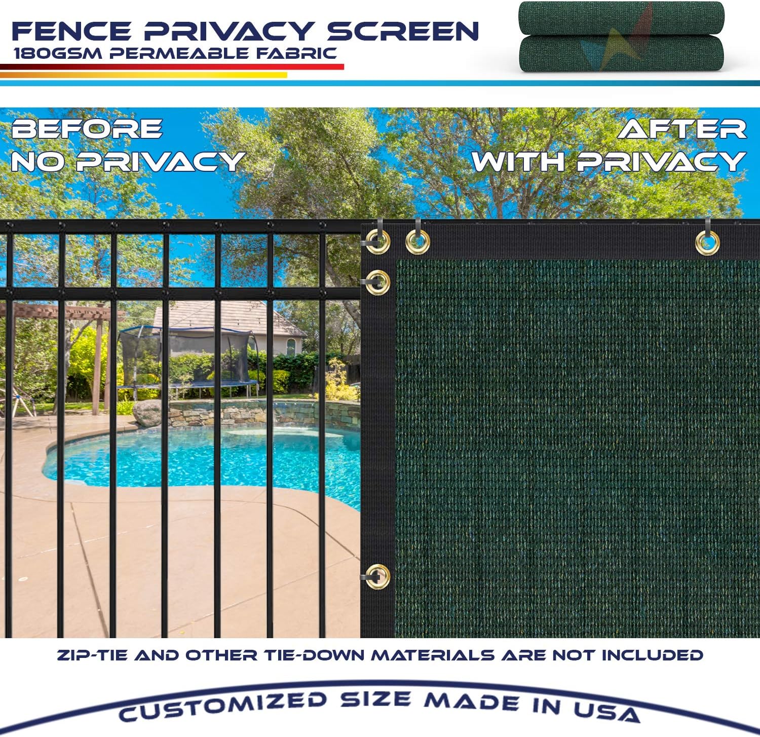 Fence Privacy Screen 15' x 27' Heavy Duty Windscreen Fencing Mesh Fabric Cover for Patio Garden Backyard Lawn Carport Pool Fence, Green
