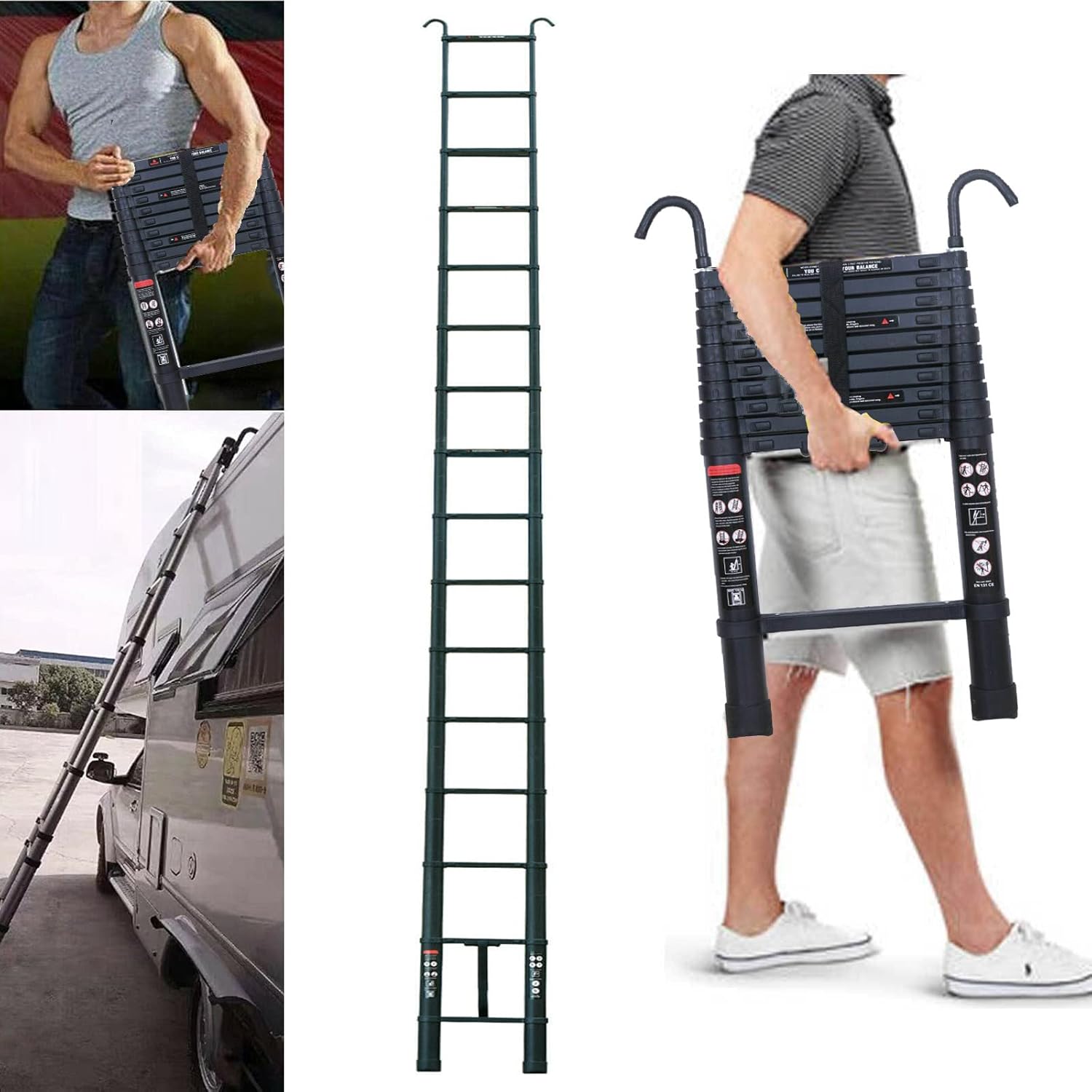 20 FT Aluminum Telescoping Ladder with 2 Detachable Roof Hooks(2.8 inch), Lightweight Telescopic Extension Ladder for Home, Multi-Purpose Rv Ladder Loft Ladder Max 330 Lb Capacity, EN131 Certificated