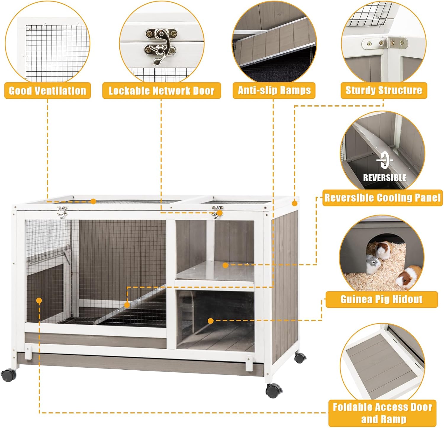 Guinea Pig Cages Indoor, Rabbit Cage on Wheels, Easy Clean Hamster Cage with Pull Out Tray, Small Animals Cage with Ramp Large Habitat for Hedgehog Gerbil & Rat