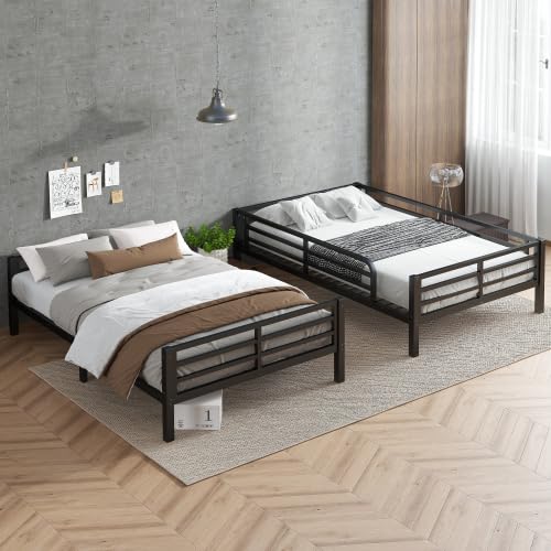 Twin XL Over Twin XL Bunk Bed, Metal Bunk Bed Frame Heavy Duty Bunk Beds Loft Bed Frame with Ladder and Guardrail Metal Slats No Box Spring Required for Adults Teens, Black