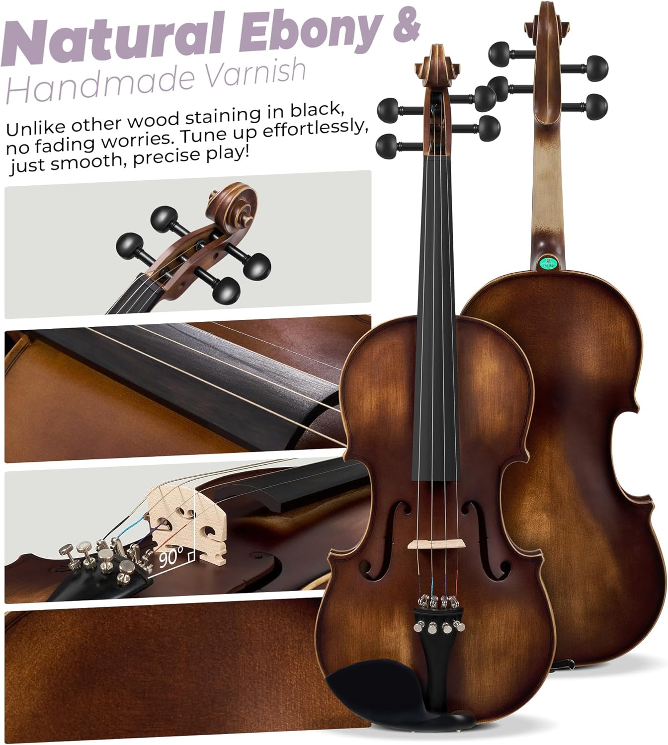 Vangoa Solid Wood Violin 4/4 Full Size Set Fiddle Handmade Varnish, Handcrafted Hardwood Starter Acoustic Violins Kit with Lightweight Hard Case for Beginners, Students, Teens, Adults, Right Handed