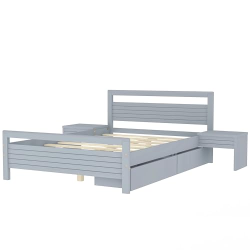 Merax Queen Size Wooden Platform Bed with 2 Storage Drawers and 2 Bedside Tables, Gray