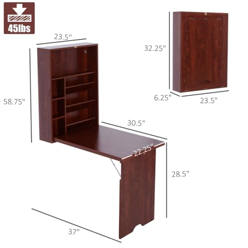 Wall Mounted Desk Cabinet - Fold Out Convertible Desk - Folding Work Table - Floating Desk with Storage Shelves - Multifunctional Writing Desk - Space Saving and Water Resistant - Mahogany