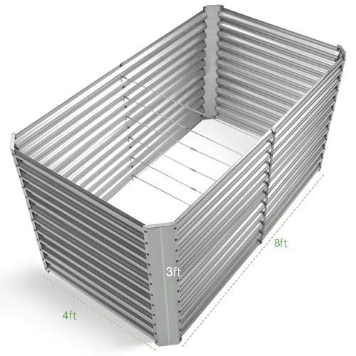 Land Guard 8x4x3ft Rectangular Galvanized Raised Garden Beds, 36" Tall Large-Capacity Metal Planter Box Outdoor, Durable Deep Raised Garden Bed, Raised Beds for Gardening Vegetables, Classic Silver