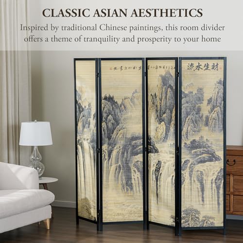 MyGift 4-Panel Folding Bamboo Room Divider Asian-Inspired Cherry Blossom Scene, 6 FT Freestanding Floral Artwork Room Partitioner with Beige Wood Frame