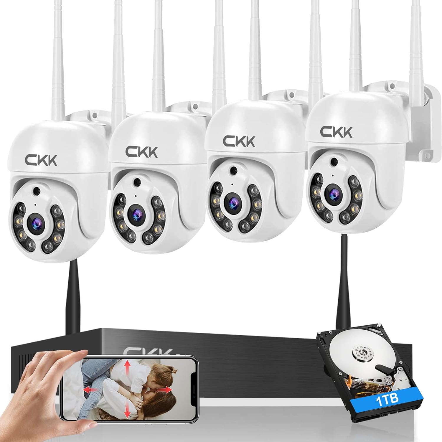 3MP Wireless Security Camera System with 1TB HDD, Dome PTZ Cameras and Bullet Cameras Outdoor Indoor, 8 Channel WiFi Surveillance NVR System with Floodlights & Siren Alarm, 2 Way Audio