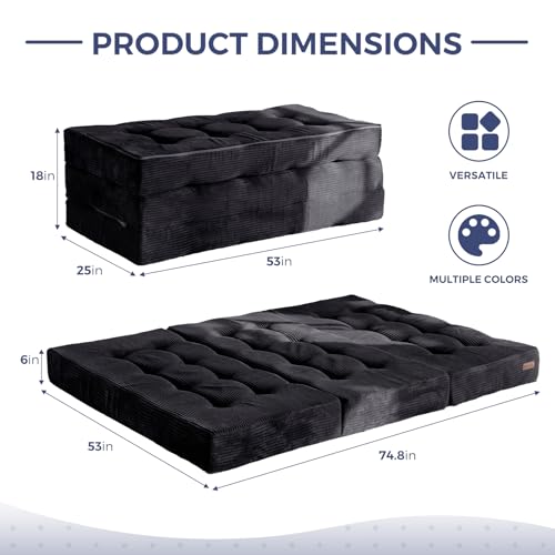 MAXYOYO Tri-Fold Mattress, 6 Inch Tufted Folding Mattress Full Foam Bed, Foldable Floor Mattress Guest Bed Mattress Topper Portable Camping Sleeping Bed with Corded Fabric, Black, 53"x75"