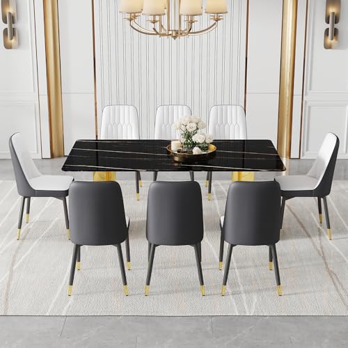 Modern Dining Table Set for 6,White Kitchen Table Set for 6,Marble Textured Table Top with Golden Stainless Steel Base,71'' Gold Dining Room Table with 6 Black Upholstered Dining Chairs