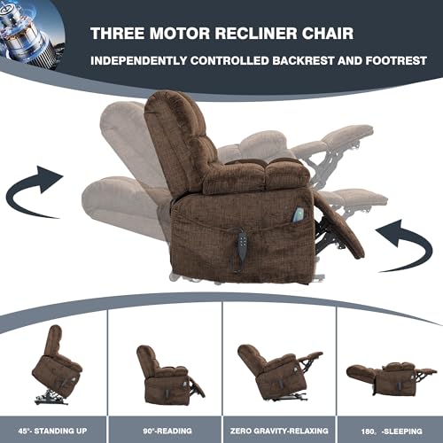 Light Grey Recliner Chair for Elderly | Tall and Big Man 400lbs | Chenille | Power Lift, Lay Flat, Stand Up, Wireless Charging Device, Extended Footrest, Massage Heat, Cup Holder, Lumbar Pillow