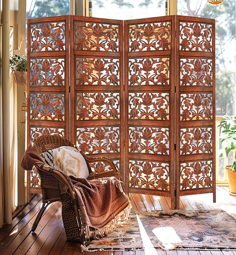 Room Divider Wood Screen - Ghanti Bells Antique Brown - 4 Panel Folding 72 x 80 - Assembled Hand Carved Decorative Functional Versatile Portable Partition Reversible Privacy Boho - COTTON CRAFT