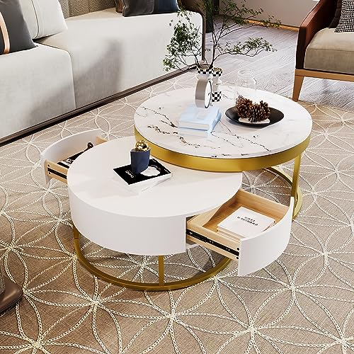 Modern Round Lift-top Nesting Coffee Tables with 2 Drawers for Living Room White & Natural