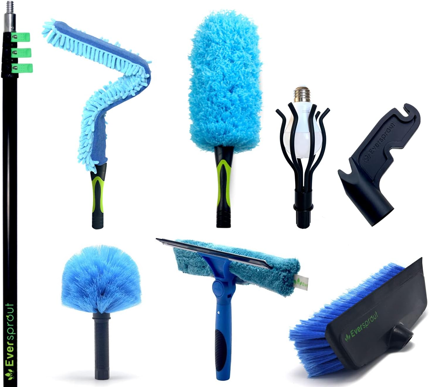 EVERSPROUT 7-to-20 Foot Extension Pole Total Kit (25+ Ft Reach) | Telescopic Pole, Scrub Brush, Light Bulb Changer, Hook, Swivel Squeegee, 3x Microfiber Dusters (Cobweb, Flexible Ceiling Fan, Feather)