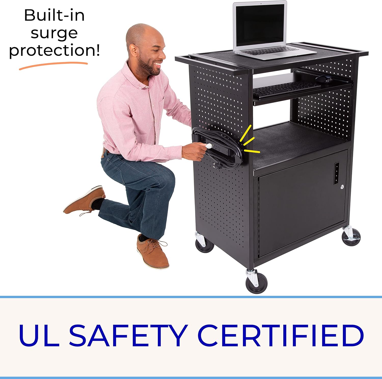 Line Leader Stellar AV Cart | Computer Cart with Pegboard Siding & 12 Hooks for Customizable Storage | Locking Cabinet & Pullout Keyboard Tray | UL Safety Certified Power Outlets | Locking Wheels
