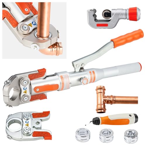 IBOSAD Copper Tube Fittings Hydraulic Pipe Crimping Tool with 1/2 inch,3/4 inch and 1 inch Jaw Copper Pipe Propress Crimpers Pressing Pliers,Suit for Narrow Space and Tee Fitting