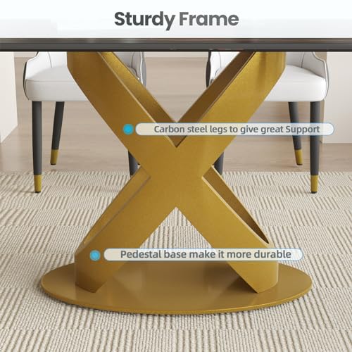 Modern Rectangle Marble Dining Table for 4,63" Black Marble Sintered Stone Top DiningTable,Rectangle Dining Room Table with Unique X-Shape Carbon Steel Pedestal for Kitchen/Living Room(Table Only)