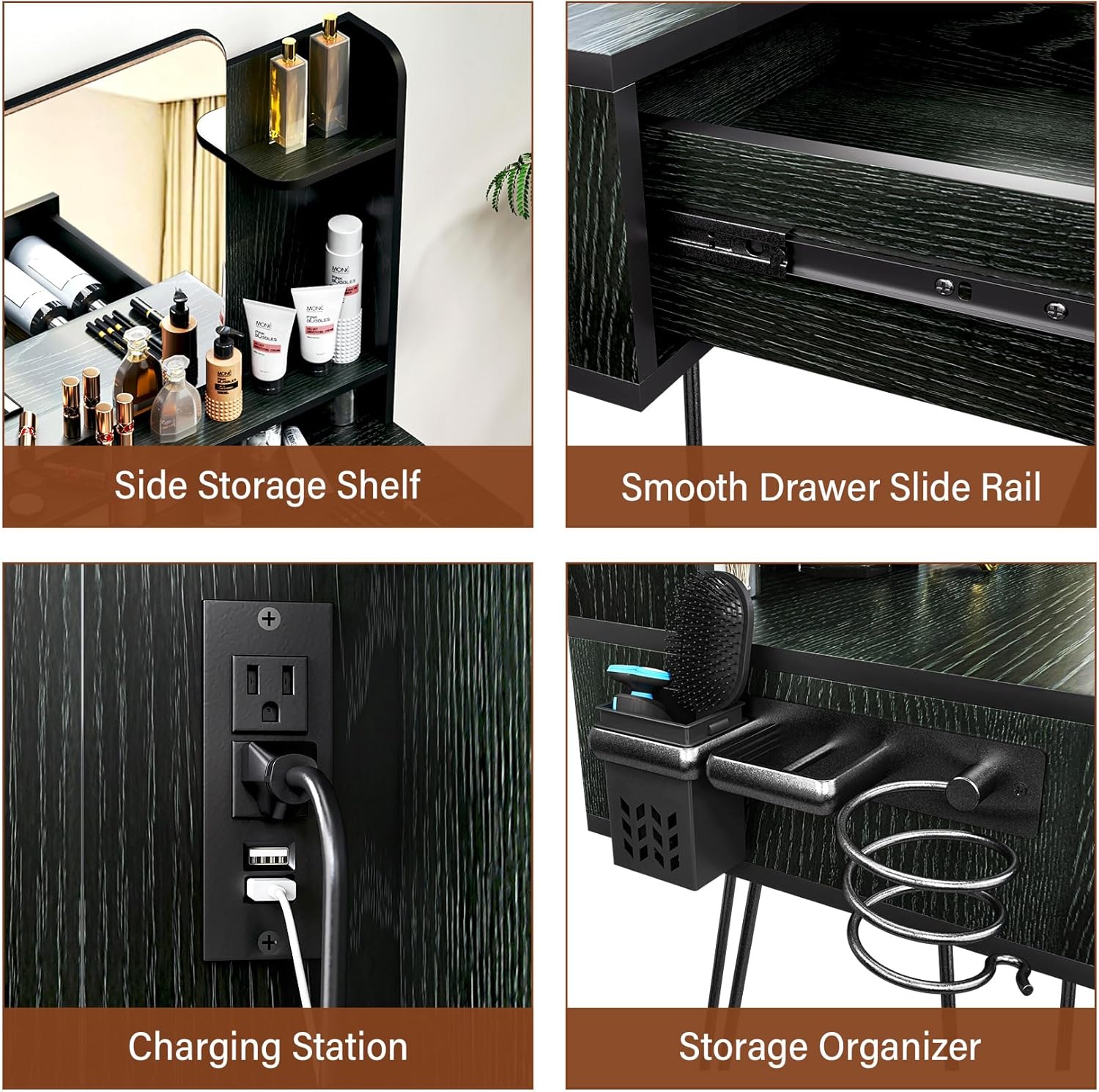 TC-HOMENY Makeup Vanity with Charging Station, Vanity Desk with 2 Drawers and Mirror, Black Vanity Desk Storage Shelves and Cushioned Stool, Vanity Table with Metal Hairpin Legs