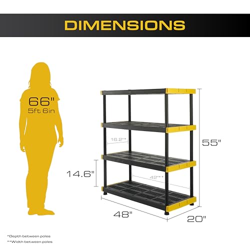 CX Black & Yellow®, 5-Tier Heavy Duty Plastic Storage Shelving Unit, 200lbs/shelf (72”H x 48”W x 20”D), for Indoor/Outdoor Organization, Modular Rack