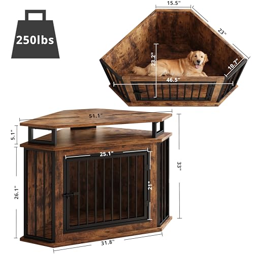 IRONCK 51" Corner Wooden Dog Crate Furniture with 2-Tier Shelves, Pet Kennel for Large Dogs, Space-Saving Dog Cage Indoor, Rustic Brown (26.7" L x 51.2" W x 33.5" H)