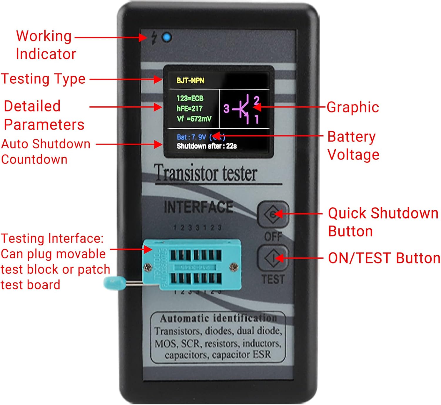 Transistor Tester, DROK Mosfet Transistor Capacitor Tester, Mega328 NPN PNP Transistor Diode Resistor Inductor Capacitance MOS SCR ESR Meter Automatic Checker Detector