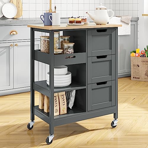 YITAHOME Small Solid Wood Top Kitchen Island Cart on Wheels with Storage, Rolling Portable Dining Room Serving Utility Carts Mobile Movable with 3 Drawers Cabinet, Oak & Gray