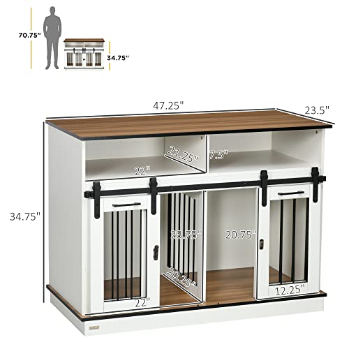 PawHut Dog Crate Furniture for Large Dogs or Double Dog Kennel for Small Dogs with Shelves, Sliding Doors, 47" x 23.5" x 35", White