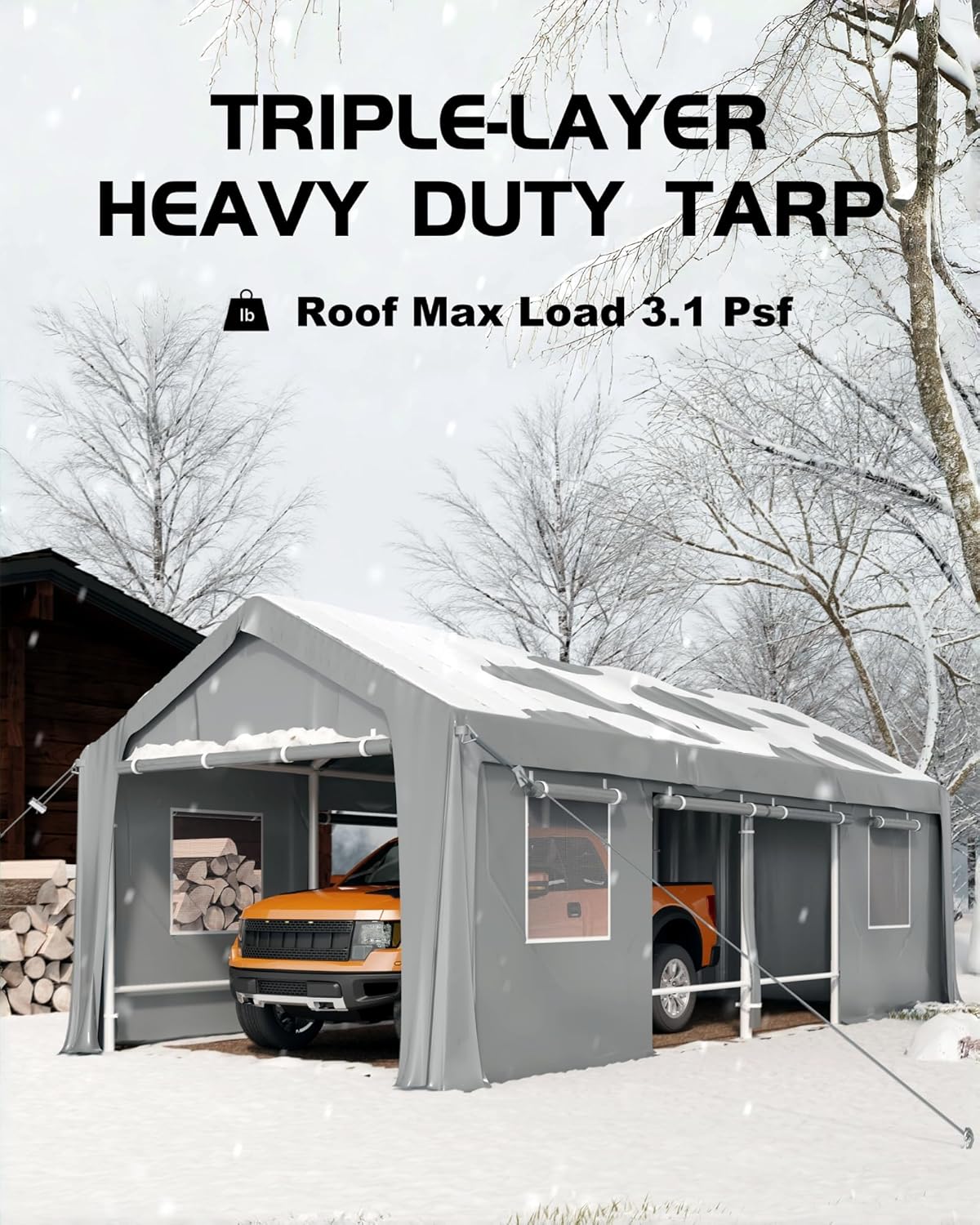 13'x25' Carport Windproof, Anti-High Wind Portable Garage, Reinforced Frames & 180 g PE Carport Canopy, with Front & Rear Doors, Shelter for Pickup, Boat, and Equipment, Silver Gray
