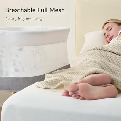 Rocking Bassinet for Baby 3 Speeds, Smart Motion Detection, Electric Bedside Sleeper with 8 Soothing Music, Auto Bedside Crib for Infant, Grey