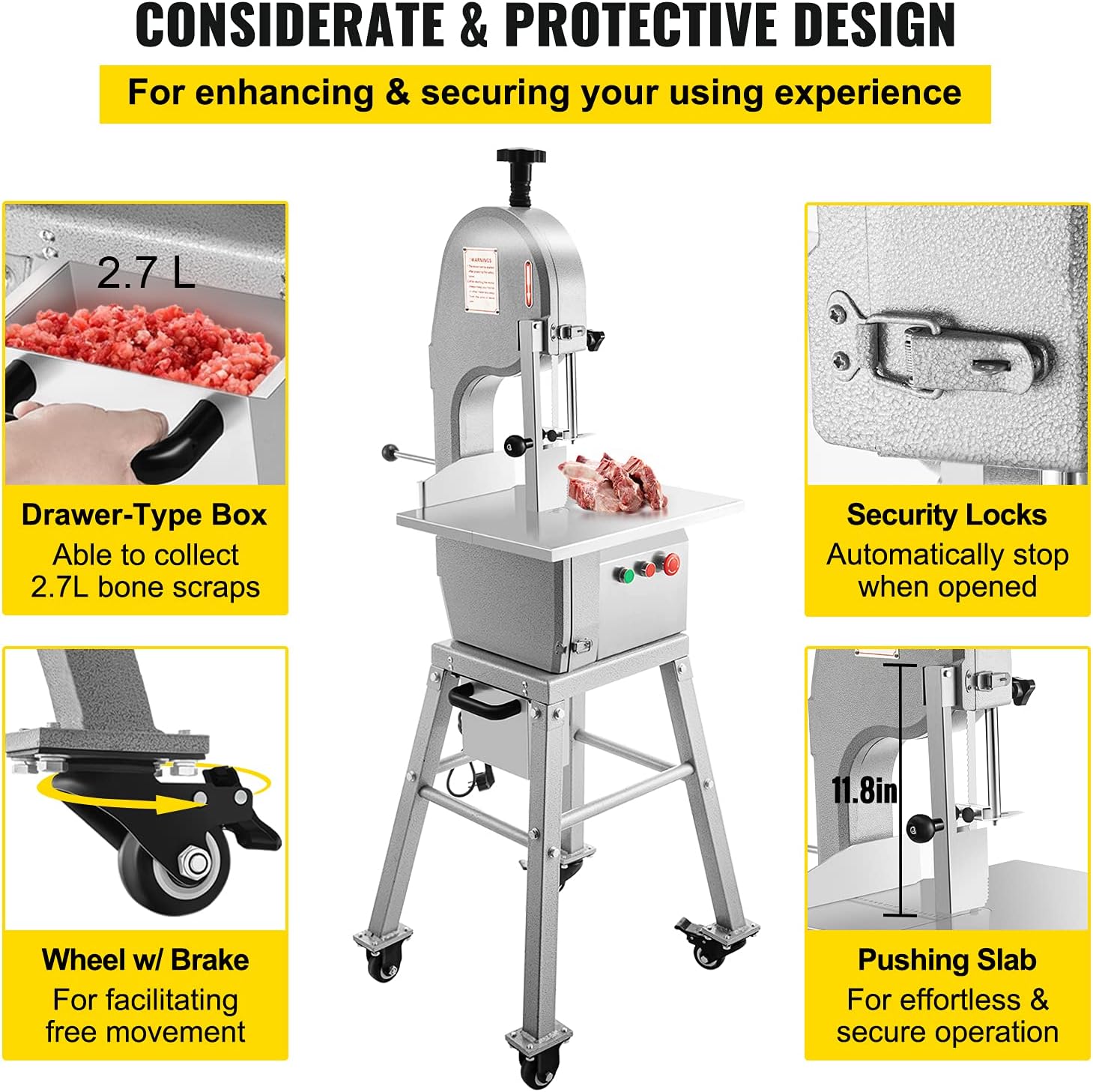 VEVOR 110V Bone Saw Machine 850W Frozen Meat Cutter 1.16HP Butcher Bandsaw Thickness Range 4-180mm Max Cutting Height 220mm Work Table 18.3x14.4inch Sawing Speed 19m/s with 6 Saw Blades & Mobile Base