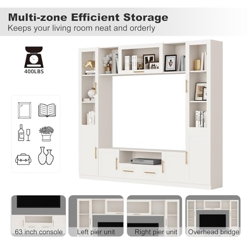 Entertainment Wall Unit for Living Room with Storage Bridge, Modern TV Stand with Glass Doors & Shelves, TV Media Console Table for TVs Up to 70", Entertainment Center with Bookshelves White