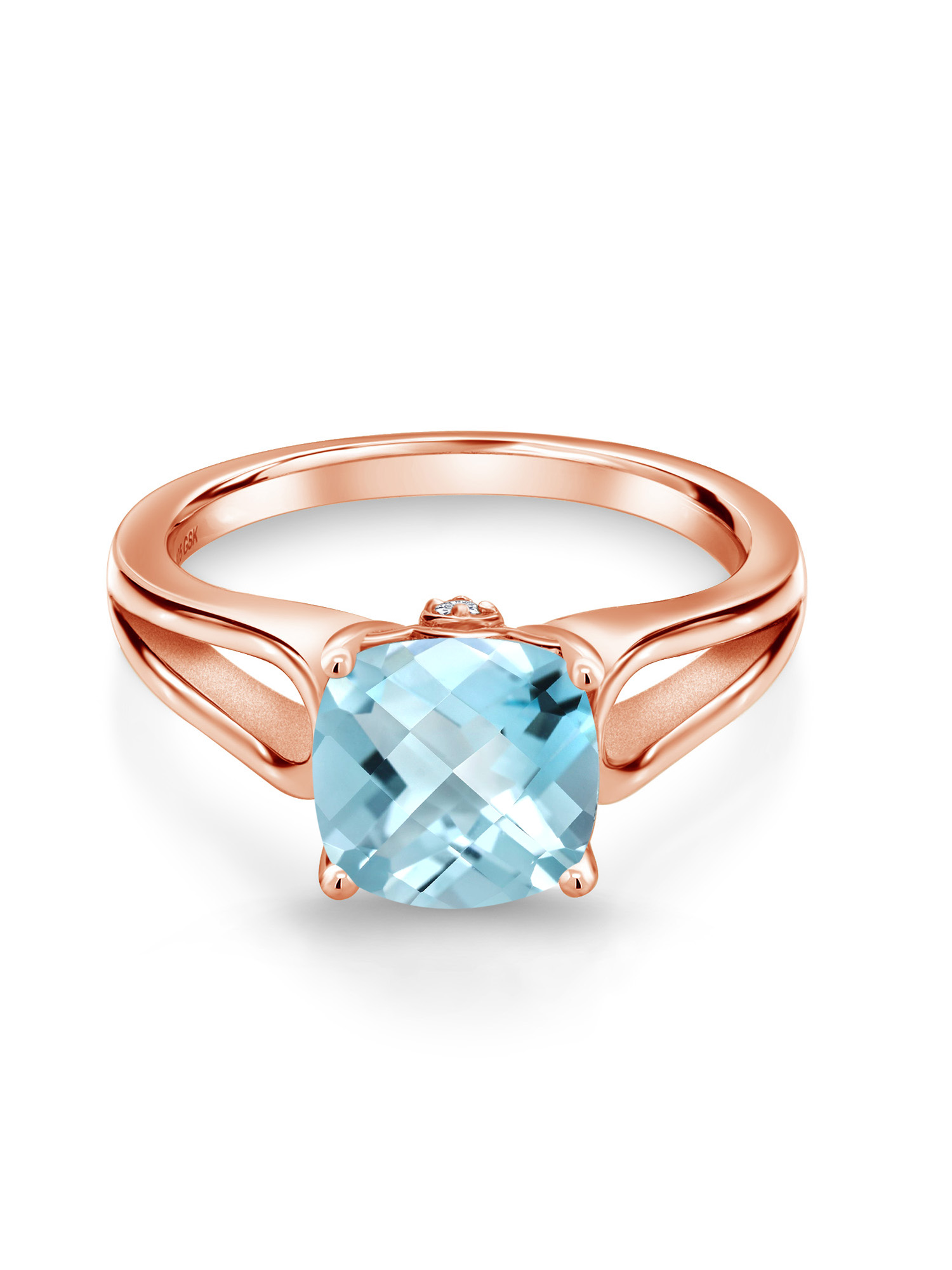 Gem Stone King 3.48 Ct Cushion Checkerboard Sky Blue Topaz G-H Lab Grown Diamond 18K Rose Gold Plated Silver Ring