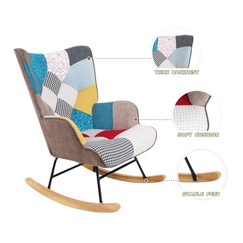 Patchwork Rocking Chair Accent Armchair Single Sofa Chair with Footstool and Pillow Fabric Upholstered High Back Armchairs Lounge Chair for Living Room Reading Bedroom 35''Lx 26''Wx37.8''H Colorful